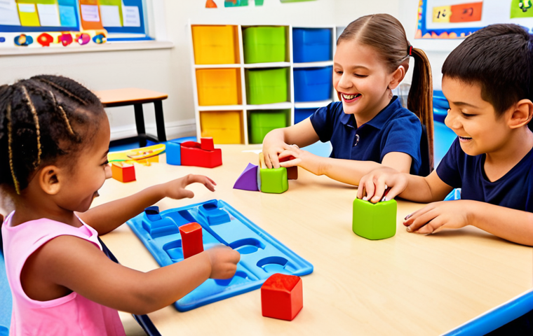 **Prompt:** A brightly colored classroom scene illustrating play-based learning, with children actively engaged in various activities like sorting shapes and using building blocks. Focus on hands-on math activities and joyful expressions.