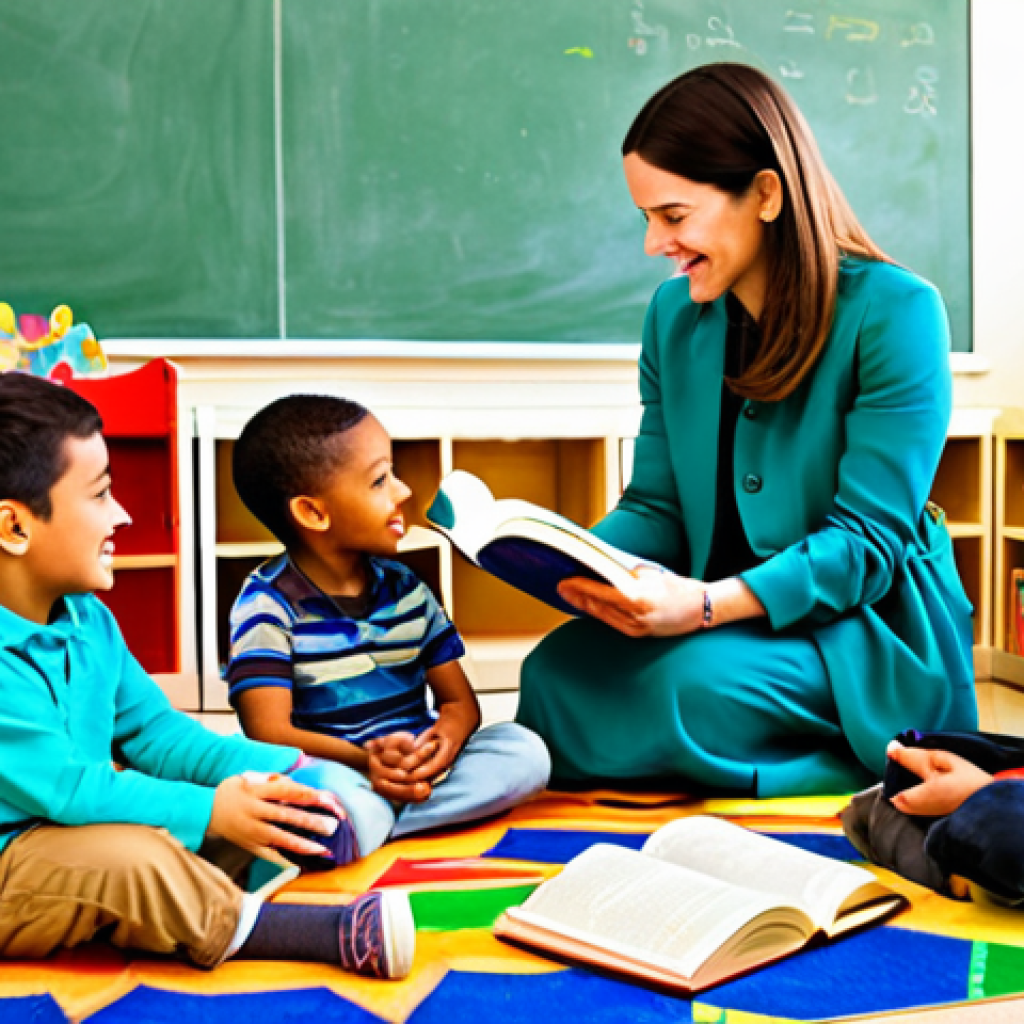 A diverse group of young children, fully clothed in modest, comfortable attire, sitting attentively on a colorful carpet in a vibrant, sunlit early childhood classroom. An adult educator, fully clothed in professional, appropriate dress, is actively engaging the children in an interactive story using a large, illustrated children's book and simple, friendly puppets. The children's expressions are curious, joyful, and absorbed. The background features child-friendly decorations and a cozy reading nook filled with diverse books. Soft, natural lighting enhances the warm atmosphere. Perfect anatomy, correct proportions, natural pose, well-formed hands, proper finger count, natural body proportions. Safe for work, appropriate content, fully clothed, family-friendly.
