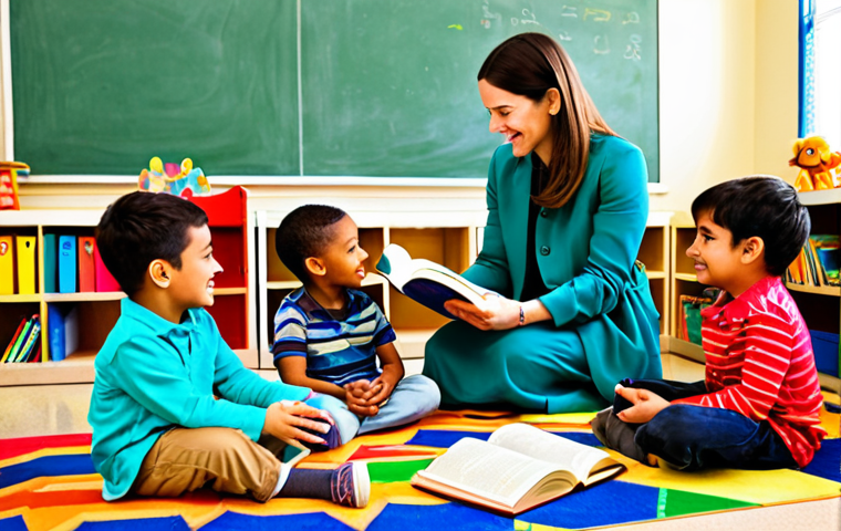 A diverse group of young children, fully clothed in modest, comfortable attire, sitting attentively on a colorful carpet in a vibrant, sunlit early childhood classroom. An adult educator, fully clothed in professional, appropriate dress, is actively engaging the children in an interactive story using a large, illustrated children's book and simple, friendly puppets. The children's expressions are curious, joyful, and absorbed. The background features child-friendly decorations and a cozy reading nook filled with diverse books. Soft, natural lighting enhances the warm atmosphere. Perfect anatomy, correct proportions, natural pose, well-formed hands, proper finger count, natural body proportions. Safe for work, appropriate content, fully clothed, family-friendly.