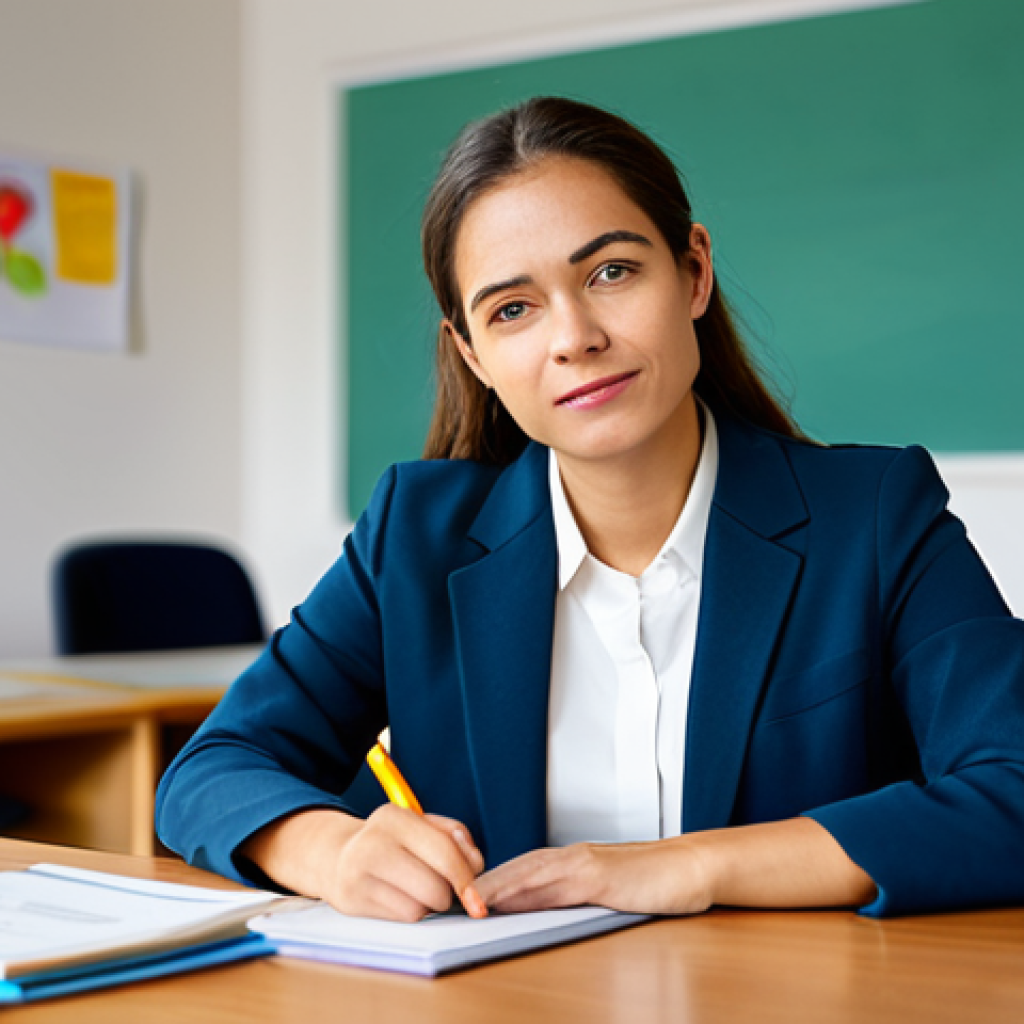 A thoughtful female early childhood educator in a modest professional blazer and blouse, seated at a clean wooden desk in a quiet, modern office within an early childhood center. Her hands are resting naturally on the desk, and she has a contemplative expression, reflecting on the importance of confidentiality. The background shows blurred educational materials. The lighting is soft and professional. fully clothed, modest clothing, appropriate attire, professional dress, perfect anatomy, correct proportions, natural pose, well-formed hands, proper finger count, natural body proportions, safe for work, appropriate content, professional.