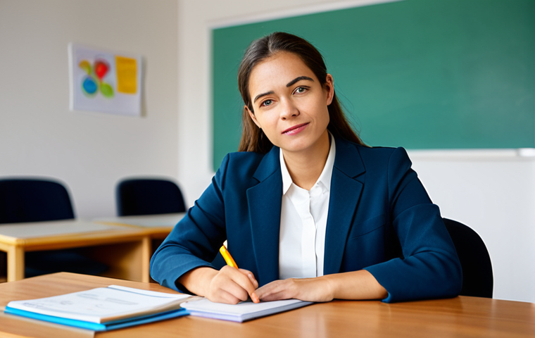 A thoughtful female early childhood educator in a modest professional blazer and blouse, seated at a clean wooden desk in a quiet, modern office within an early childhood center. Her hands are resting naturally on the desk, and she has a contemplative expression, reflecting on the importance of confidentiality. The background shows blurred educational materials. The lighting is soft and professional. fully clothed, modest clothing, appropriate attire, professional dress, perfect anatomy, correct proportions, natural pose, well-formed hands, proper finger count, natural body proportions, safe for work, appropriate content, professional.