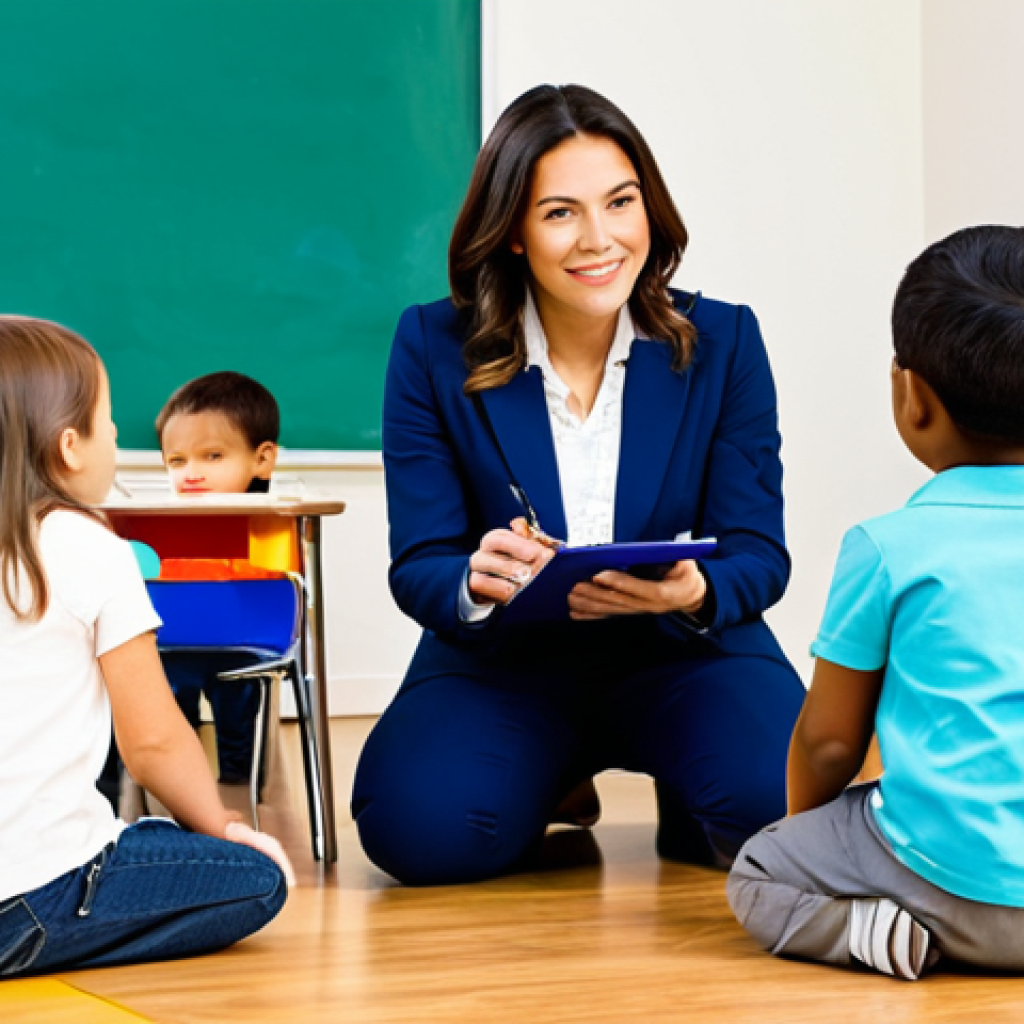 A professional female early childhood educator, fully clothed in a modest professional blouse and trousers, kneeling down gently to observe a group of young children (depicted safely from a distance, engaged in play) in a vibrantly lit, organized classroom. The classroom features colorful learning centers, age-appropriate educational toys, and clearly defined activity zones. The educator is holding a clipboard and pen, showing focused observation and documentation. The atmosphere is nurturing and conducive to learning. perfect anatomy, correct proportions, natural pose, well-formed hands, proper finger count, natural body proportions, professional photography, high quality, safe for work, appropriate content, fully clothed, family-friendly.