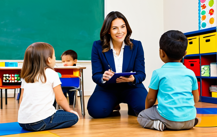 A professional female early childhood educator, fully clothed in a modest professional blouse and trousers, kneeling down gently to observe a group of young children (depicted safely from a distance, engaged in play) in a vibrantly lit, organized classroom. The classroom features colorful learning centers, age-appropriate educational toys, and clearly defined activity zones. The educator is holding a clipboard and pen, showing focused observation and documentation. The atmosphere is nurturing and conducive to learning. perfect anatomy, correct proportions, natural pose, well-formed hands, proper finger count, natural body proportions, professional photography, high quality, safe for work, appropriate content, fully clothed, family-friendly.