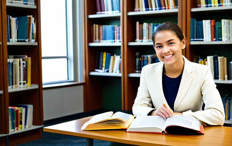 A Public Library Study Scene**

"A bright and welcoming public library interior, featuring a fully clothed student studying at a table covered with textbooks and notes, appropriate attire, surrounded by bookshelves, soft natural lighting, safe for work, perfect anatomy, correct proportions, natural pose, professional photograph, high quality, family-friendly, diverse background, fully clothed."

**