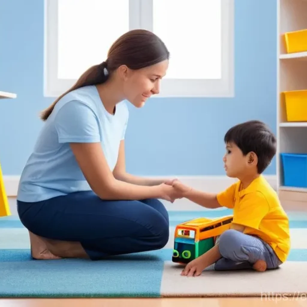 유아교육지도사 업무 중 소통 능력 개발 - **Prompt 1: Empathetic Teacher and Child Connection**
"A brightly lit, modern preschool classroo...