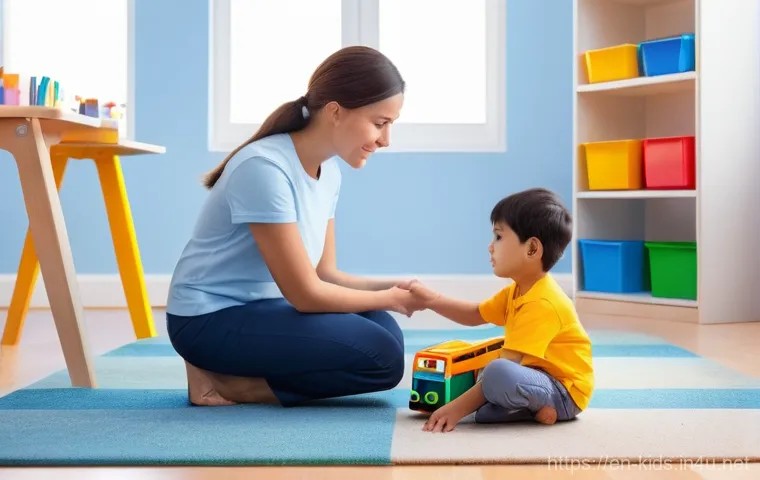 유아교육지도사 업무 중 소통 능력 개발 - **Prompt 1: Empathetic Teacher and Child Connection**
    "A brightly lit, modern preschool classroo...