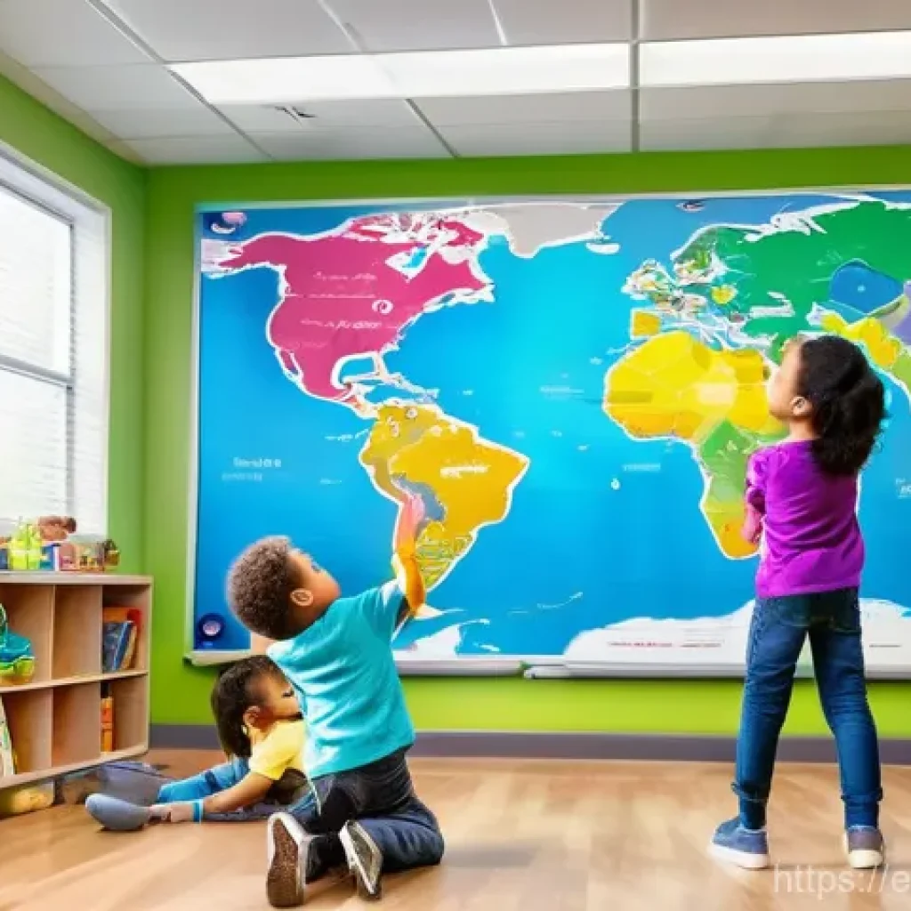 유아교육지도사로서 필요한 기술 트렌드 - **Collaborative Smartboard Adventure**
    "A vibrant, wide-angle shot of a modern, brightly lit ear...