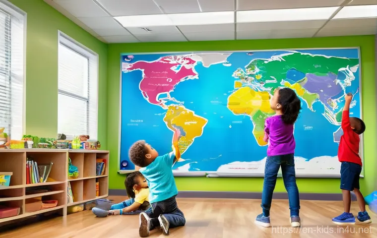 유아교육지도사로서 필요한 기술 트렌드 - **Collaborative Smartboard Adventure**
    "A vibrant, wide-angle shot of a modern, brightly lit ear...