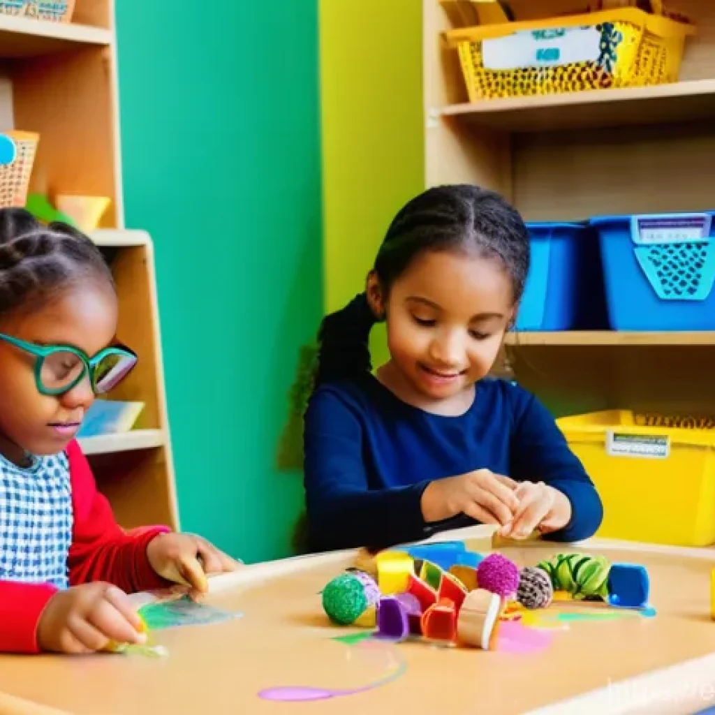 유아교육지도사 강의 계획 작성법 사례 분석 - **Image Prompt: Playful Discovery in a Vibrant Classroom**
A diverse group of four to six young ...