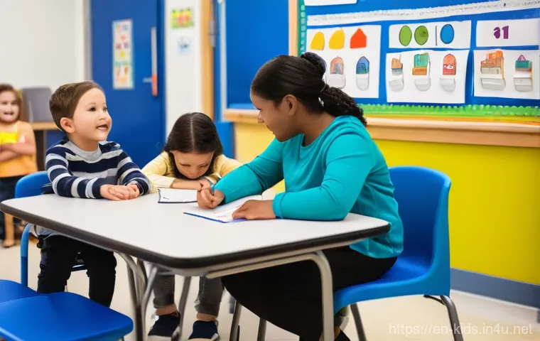 유아교육지도사 근무지에 따른 업무 차이 - **Preschool Classroom: Learning Through Play**
    **Prompt:** Inside a cheerful preschool classroom...