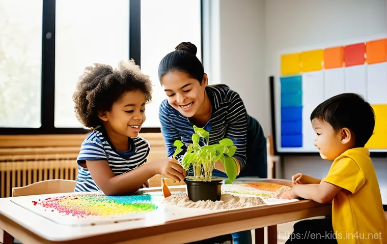 유아교육지도사 강의 준비를 위한 효율적인 방법 - **Prompt:** A modern, sunlit early childhood classroom bustling with diverse 4-year-old children eng...