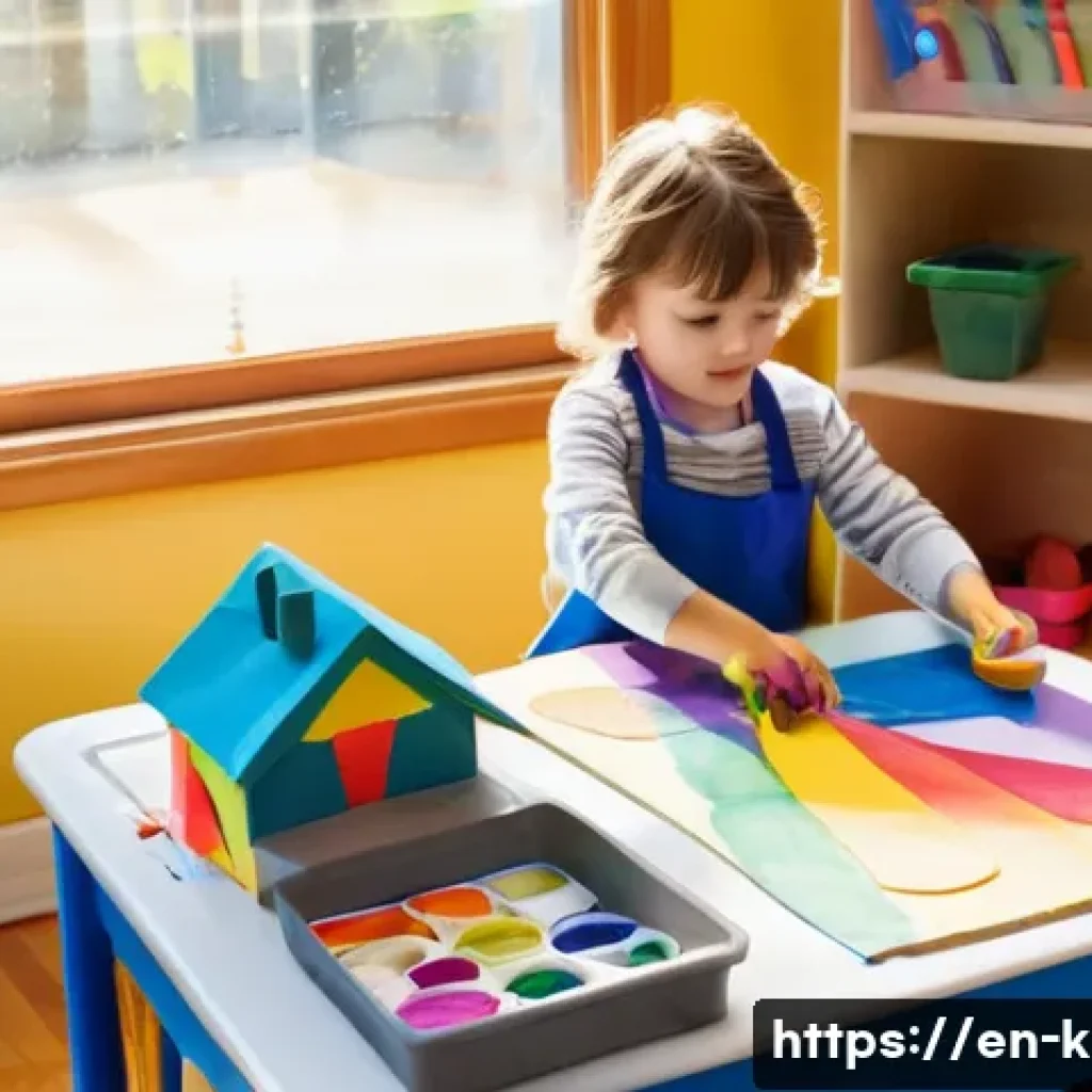 유아교육지도사 실무에서 필요한 도구 - **Image Prompt:** A brightly lit and organized preschool classroom art center. Children (aged 4-5) a...