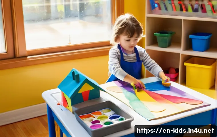 유아교육지도사 실무에서 필요한 도구 - **Image Prompt:** A brightly lit and organized preschool classroom art center. Children (aged 4-5) a...