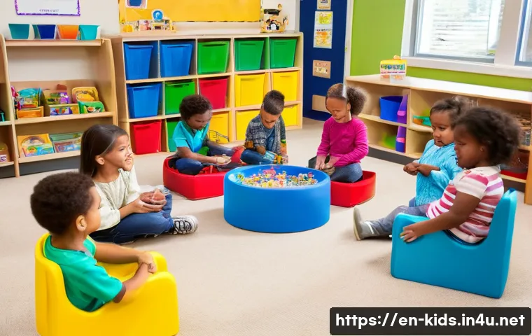 유아교육지도사 교육 심리학의 응용 - A warm and inviting early childhood classroom scene showing diverse toddlers and preschoolers engage...
