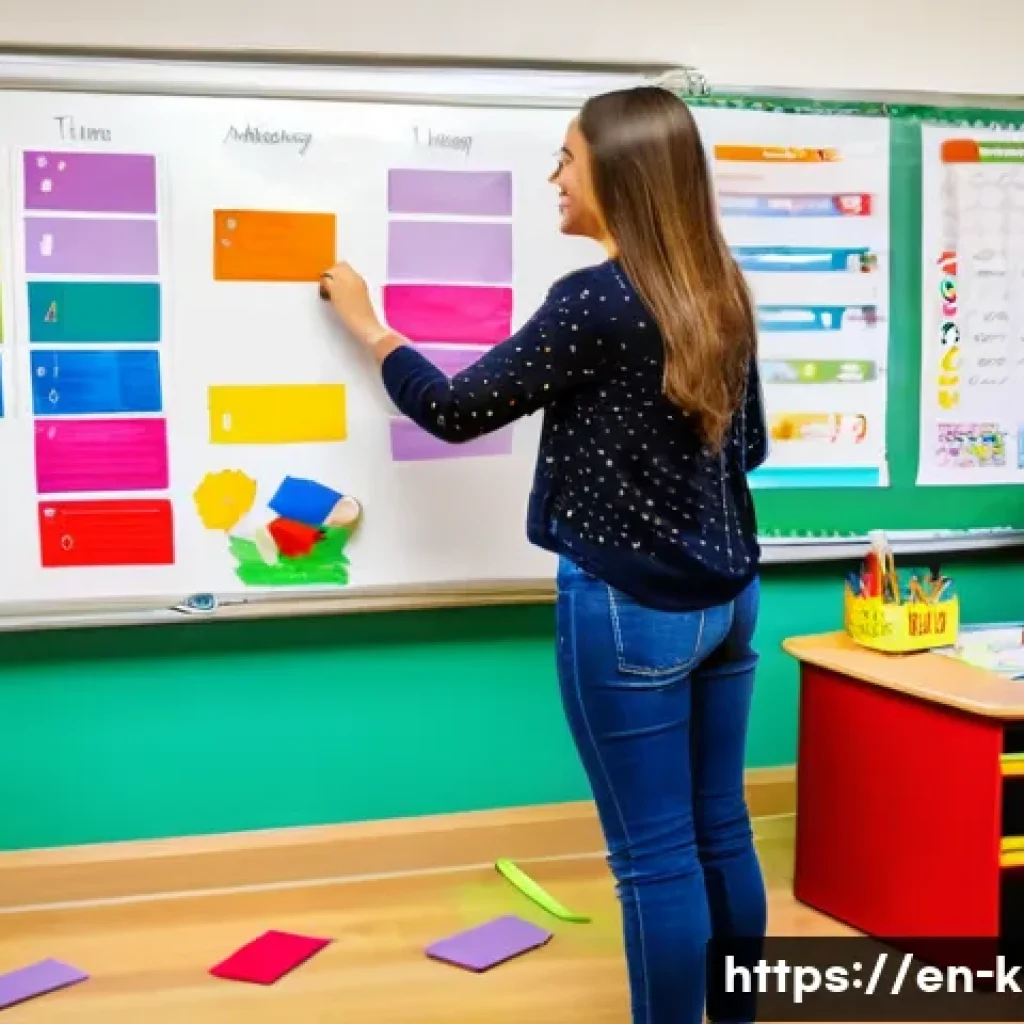 유아교육지도사로서의 시간 효율성 높이기 - A bright, organized early childhood classroom scene showing a female teacher thoughtfully arranging ...