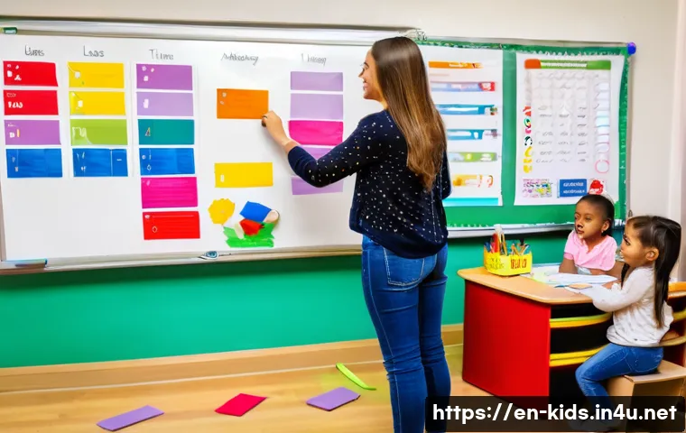 유아교육지도사로서의 시간 효율성 높이기 - A bright, organized early childhood classroom scene showing a female teacher thoughtfully arranging ...