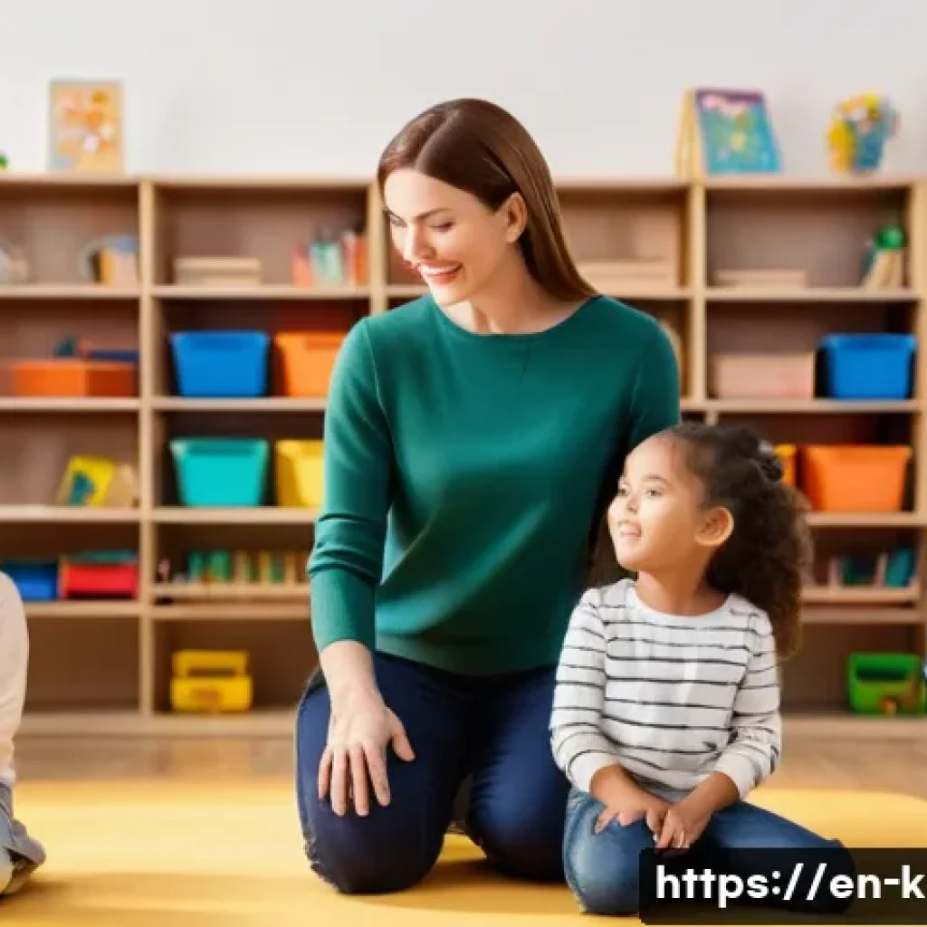 유아교육지도사 실기시험 채점 가이드 - A warm and engaging early childhood classroom scene showing a female teacher kneeling at eye level w...