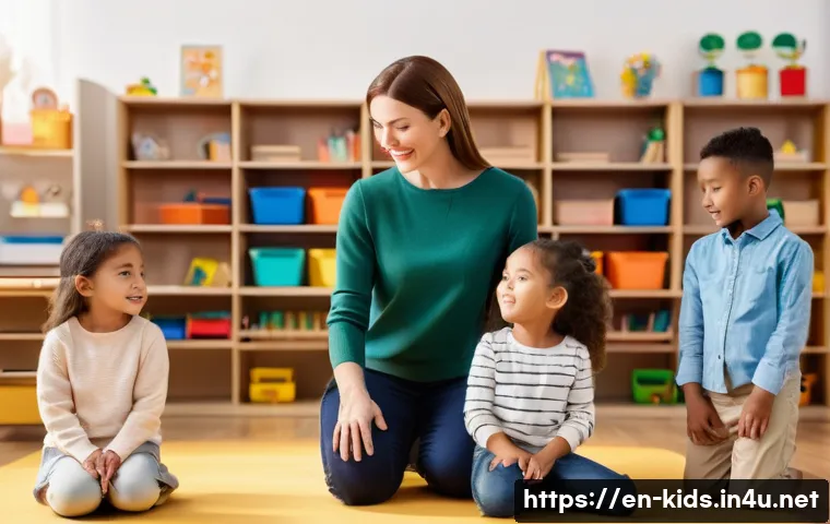 유아교육지도사 실기시험 채점 가이드 - A warm and engaging early childhood classroom scene showing a female teacher kneeling at eye level w...