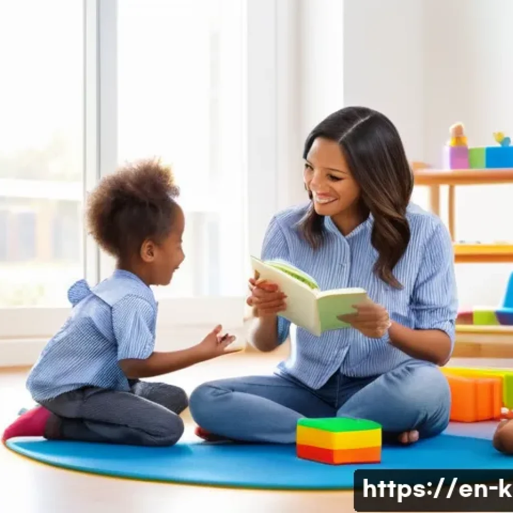 유아교육지도사 실기시험 중 발생할 수 있는 오류 - A warm, bright early childhood classroom scene featuring a female teacher dressed professionally in ...