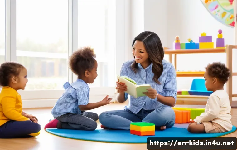 유아교육지도사 실기시험 중 발생할 수 있는 오류 - A warm, bright early childhood classroom scene featuring a female teacher dressed professionally in ...