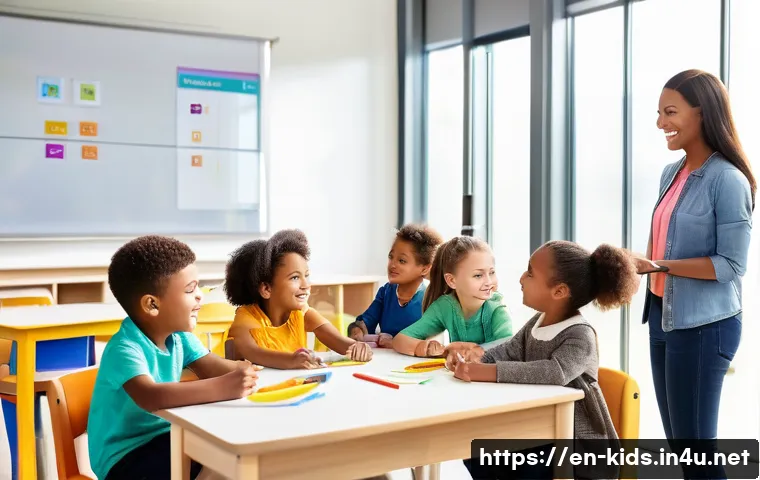 유아교육지도사로서 경력 개발을 위한 활동 사례 - A bright, modern early childhood classroom scene showing a diverse group of young children engaged w...