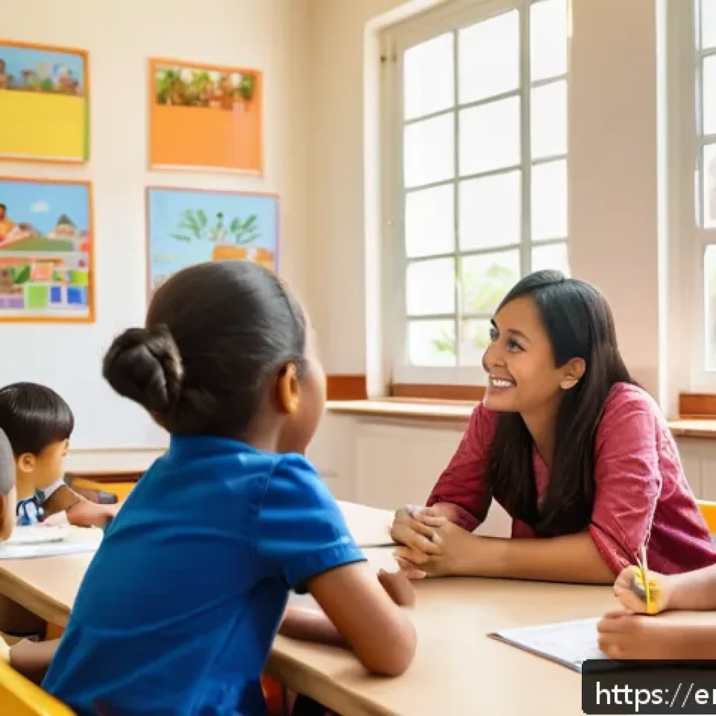 유아교육지도사로서 학부모와의 첫 상담 준비 - A warm and inviting classroom setting during a parent-teacher meeting, showing a friendly female tea...