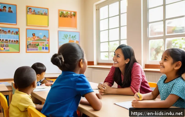 유아교육지도사로서 학부모와의 첫 상담 준비 - A warm and inviting classroom setting during a parent-teacher meeting, showing a friendly female tea...