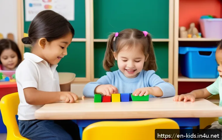 유아교육지도사 실기 시험 꿀팁 - A warm, lively early childhood classroom scene showing a diverse group of young children aged 3-5 ac...