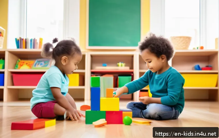 유아교육지도사 관련 용어와 뜻 정리 - A bright and cheerful early childhood classroom scene showing a diverse group of toddlers engaged in...