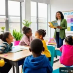 유아교육지도사 자격증 시험 후기 모음 - A diverse group of early childhood educators in a bright, modern classroom setting, actively engaged...
