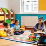 유아교육지도사 취업 후 첫 1년 계획 - A warm and inviting early childhood classroom scene showing a diverse group of young children playin...