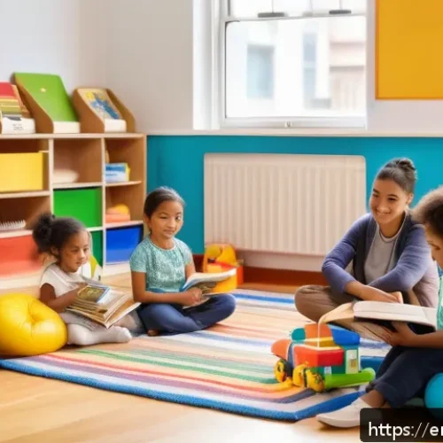유아교육지도사 취업 후 첫 1년 계획 - A warm and inviting early childhood classroom scene showing a diverse group of young children playin...