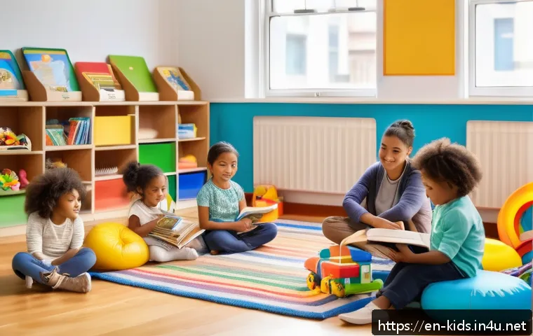유아교육지도사 취업 후 첫 1년 계획 - A warm and inviting early childhood classroom scene showing a diverse group of young children playin...