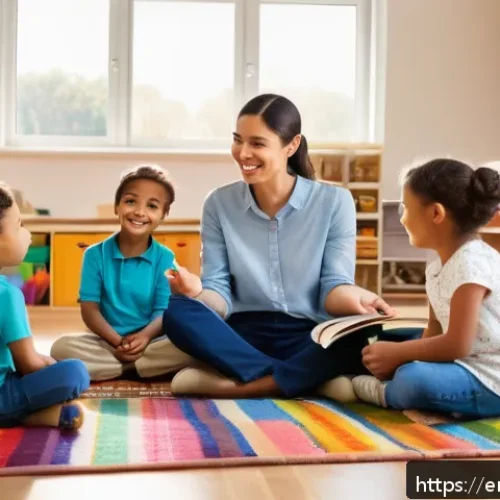 유아교육지도사 실기시험 시험장 분위기 - A warm and engaging preschool classroom scene showing a confident female educator smiling gently whi...