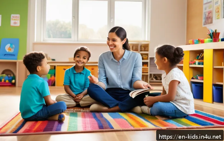 유아교육지도사 실기시험 시험장 분위기 - A warm and engaging preschool classroom scene showing a confident female educator smiling gently whi...