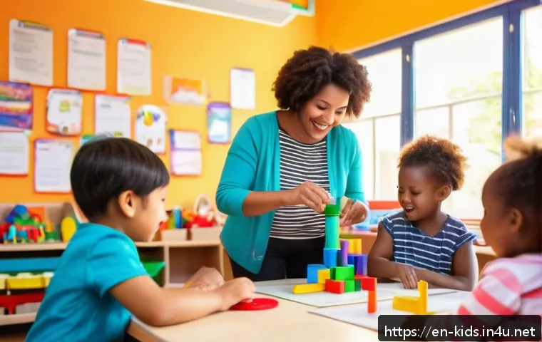 유아교육지도사 필기 시험의 최신 경향 분석 - A diverse group of early childhood educators in a bright, colorful classroom actively engaging in a ...