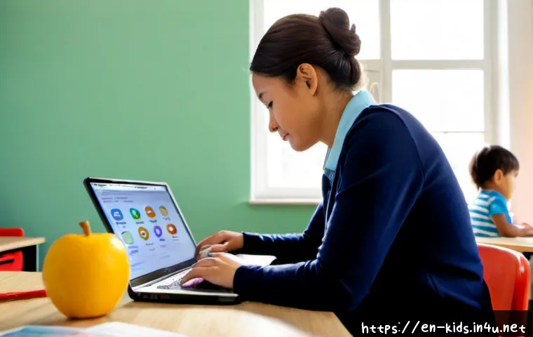 Home 17 유아교육지도사로서 근무 중 유용한 웹사이트 - Photorealistic early childhood educator at a bright preschool workstation, calmly reviewing useful e...