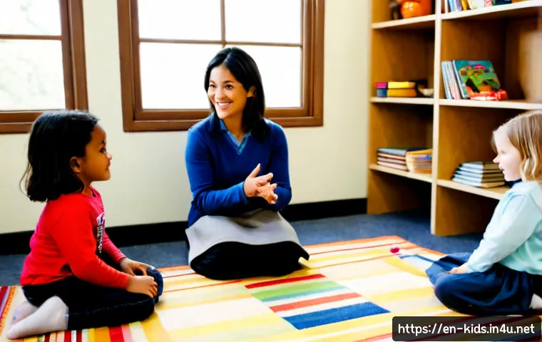 유아교육지도사 취업 시 요구되는 스킬 - Photorealistic early childhood educator leading a small group of preschool children in a bright Amer...